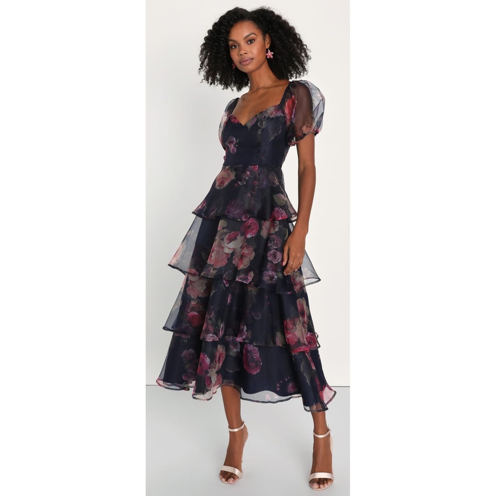 Lulu's Navy Tiered Midi Dress with Pink Floral Print